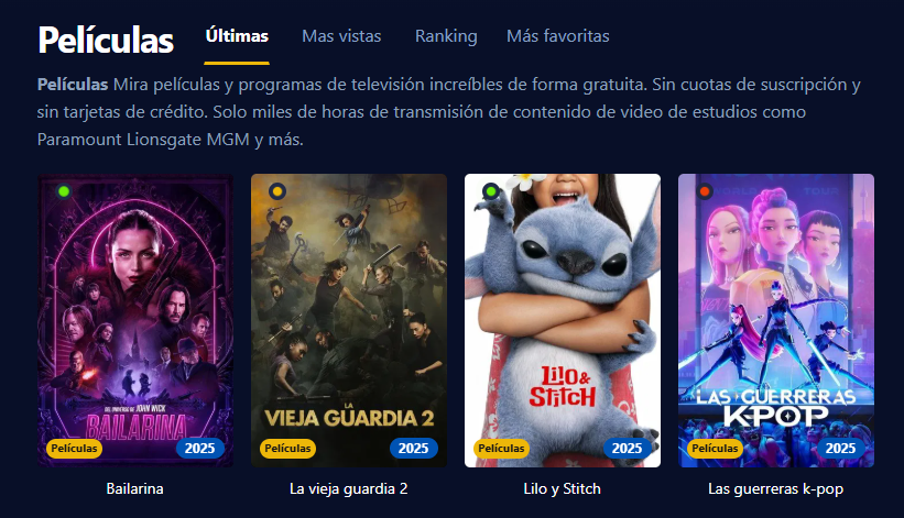 Captura de pantalla de la interfaz de usuario de Cuevana3 mostrando una diversidad de películas y series populares